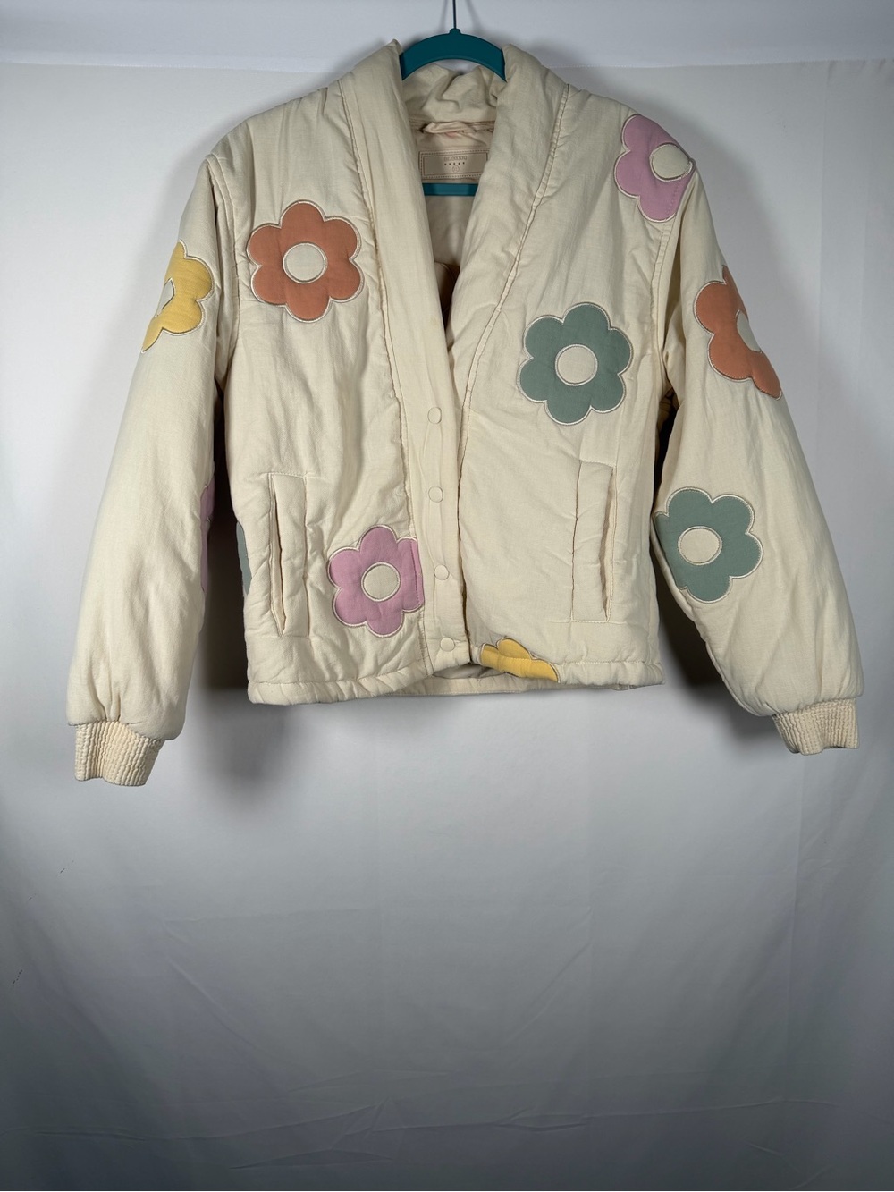 Blank NYC Cream Puffer Flower Bath Quilted Jacket Boho, Whimsical, Fairy